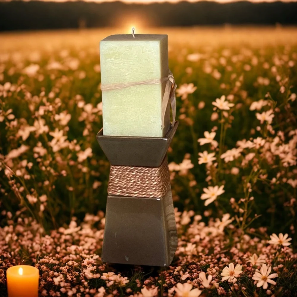 PARTYLITE RUSTIC SQUARE CERAMIC 7” CANDLE HOLDER WITH 2 FRENCH VANILLA CANDLES - Picture 2 of 4